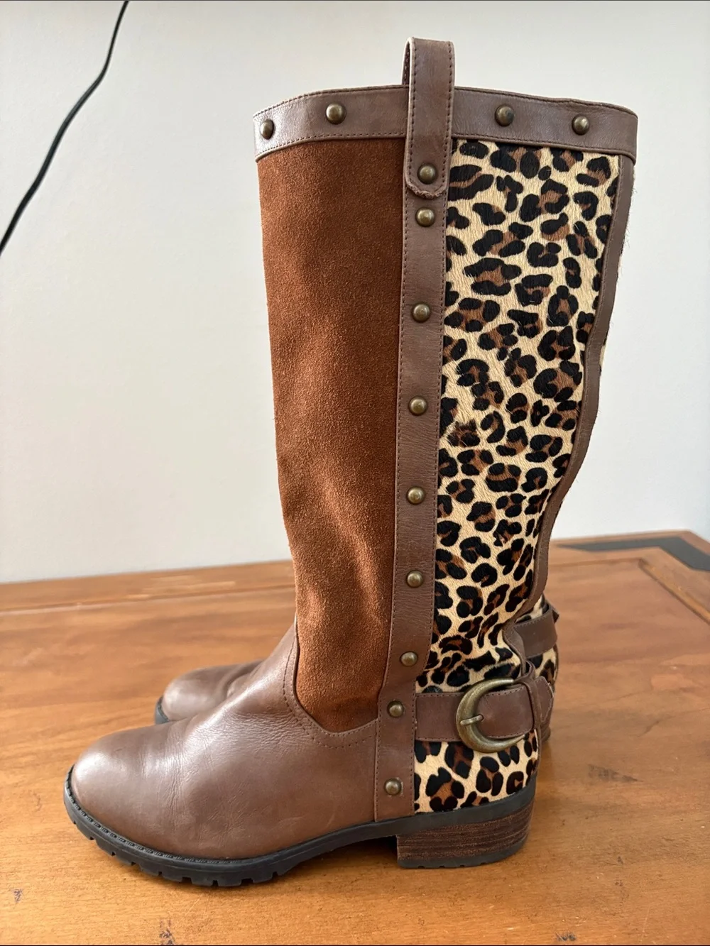 Steve Madden Suede & Leather Knee Boots with Leopard Panel Size 9